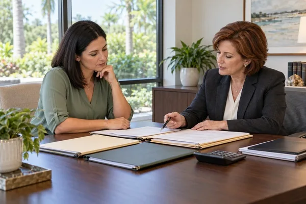 Mother and divorce attorney review financial documents during a private consultation.
