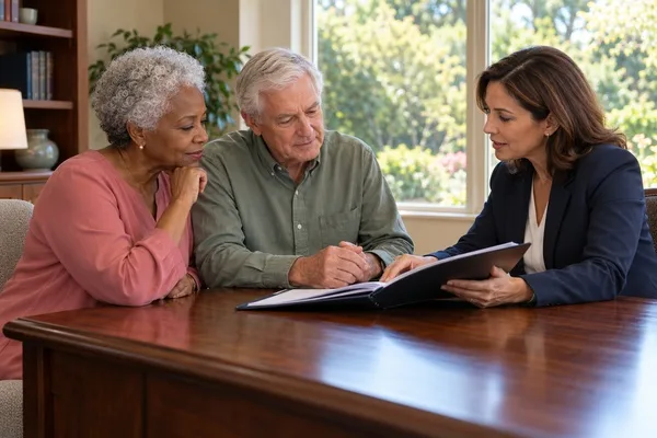 Older couple reviews documents with an attorney during a prenuptial planning consultation.